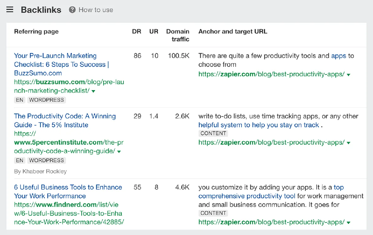 Ahrefs Site Explorer 中反向链接列表截图