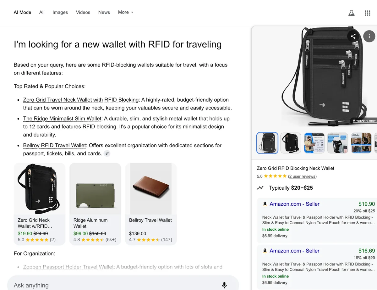 针对 RFID 旅行钱包的 AI 模式搜索结果