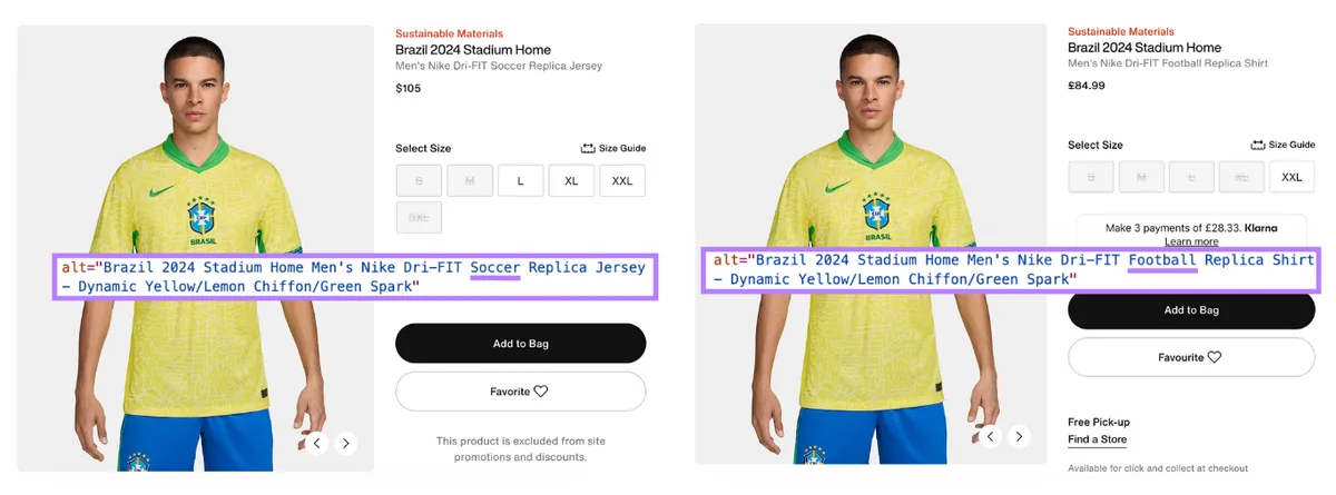 根据地区设置,alt 文本显示为 soccer replica jersey 或 football replica jersey。