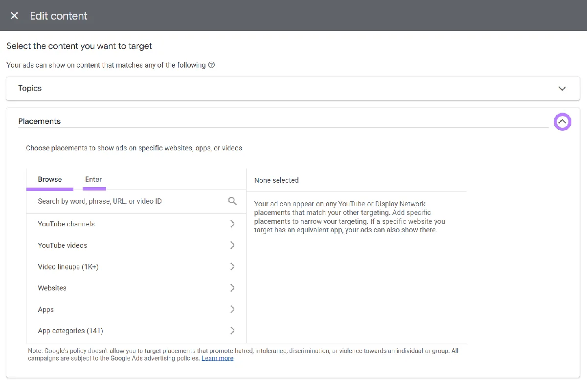Google Ads 中“Edit content”窗口下突出显示的“Browse”和“Enter”标签页
