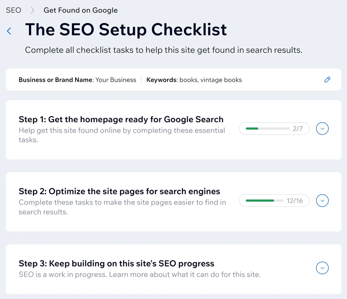 Wix 中的“SEO 设置清单”部分