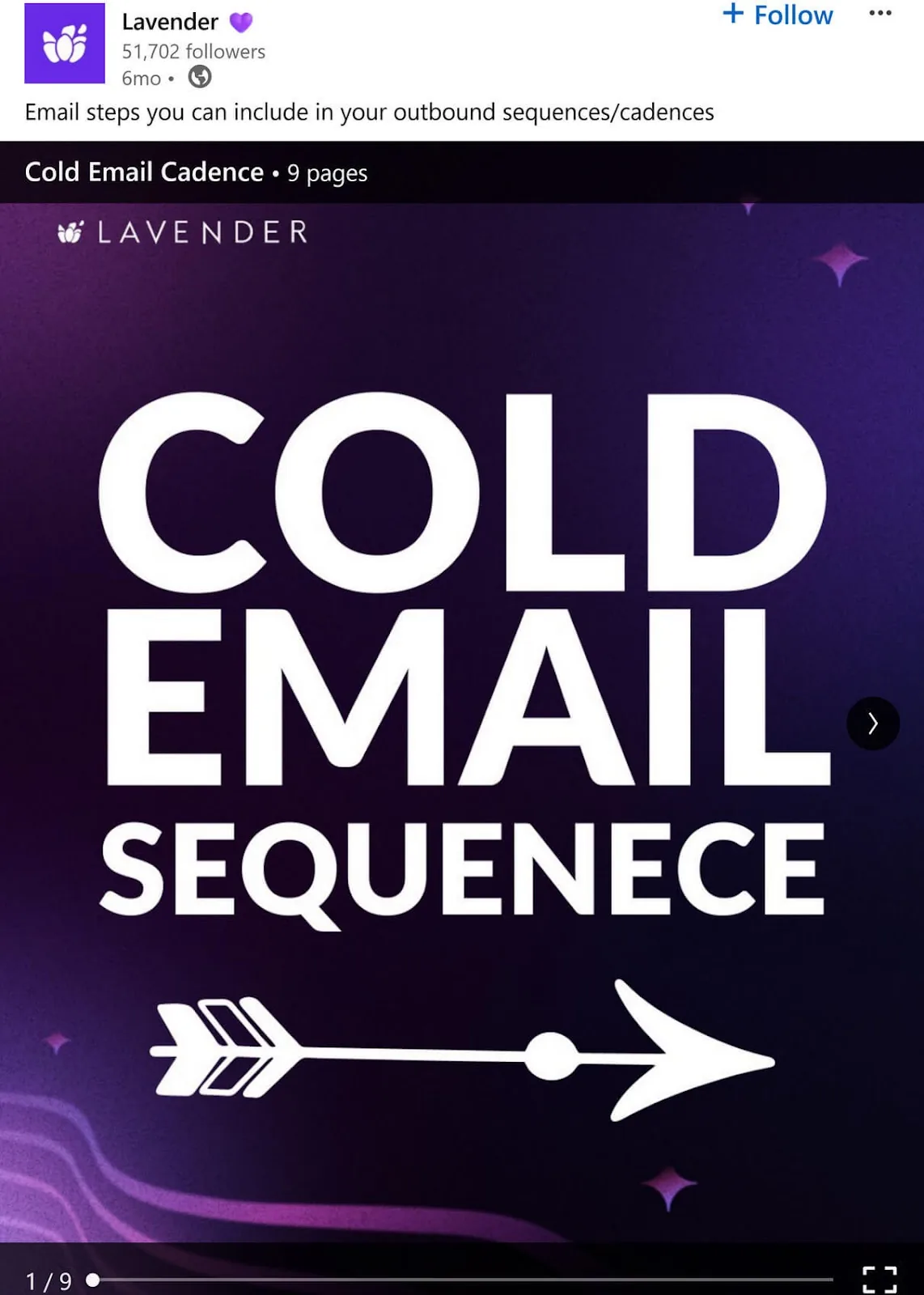 LinkedIn 帖子配有一张图，紫色背景上用白色大字写着“COLD EMAIL SEQUENCE”。
