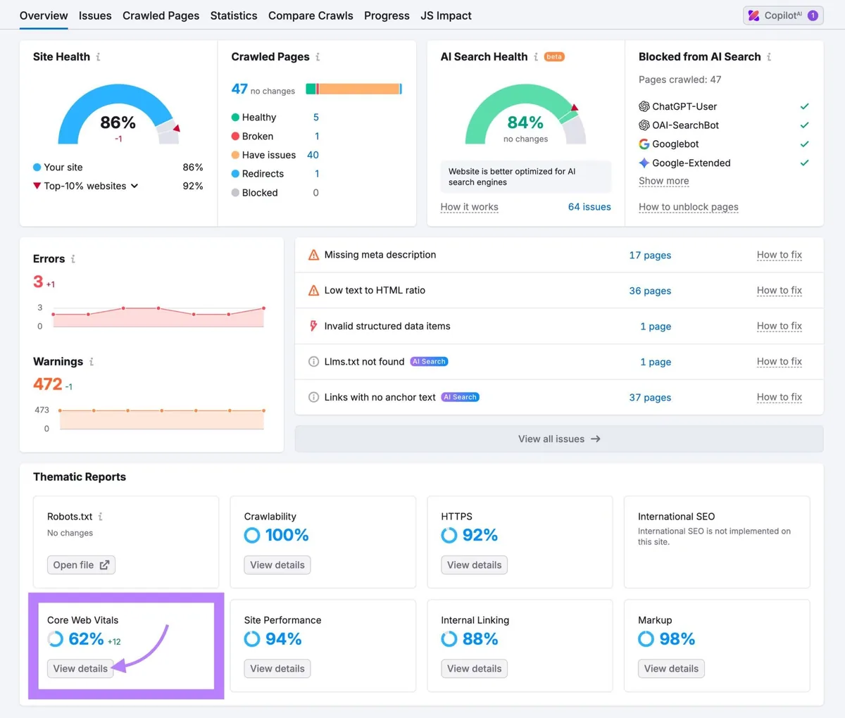 Site Audit Overview 报告,高亮“Core Web Vitals”(核心网页指标)。