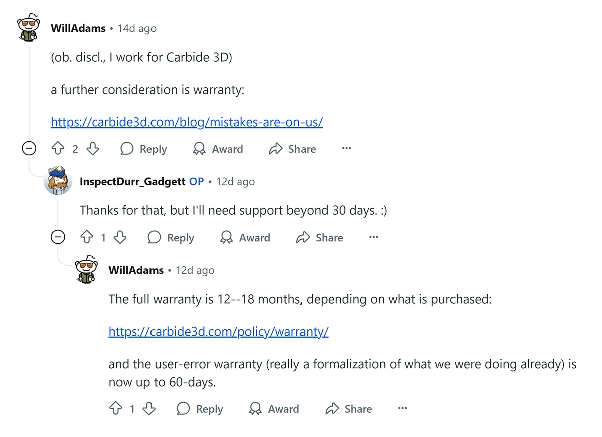 Will Adams 的 Reddit 评论串,讨论产品保修并附有链接。