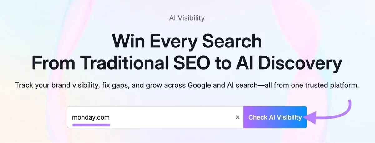 AI 可见度工具起始界面,域名输入“monday.com”并点击“Check AI Visibility”。