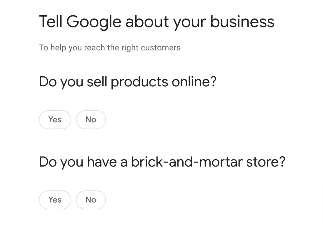 Google Merchant Center 中的“告诉 Google 你的商家信息”窗口