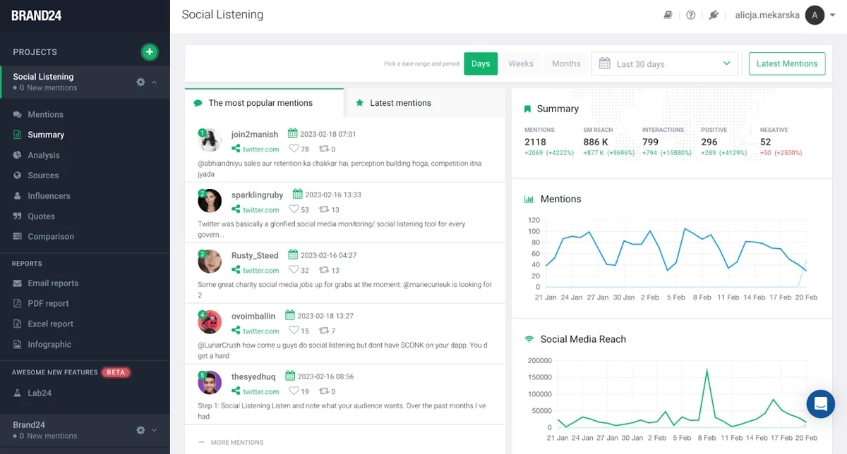 Brand24 的“Social Listening”信息流