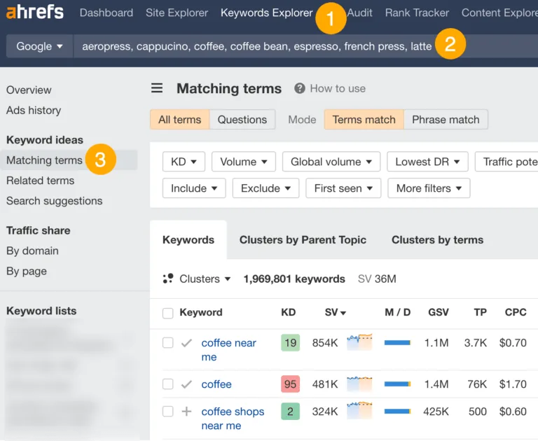 Keywords Explorer 中的匹配词报告