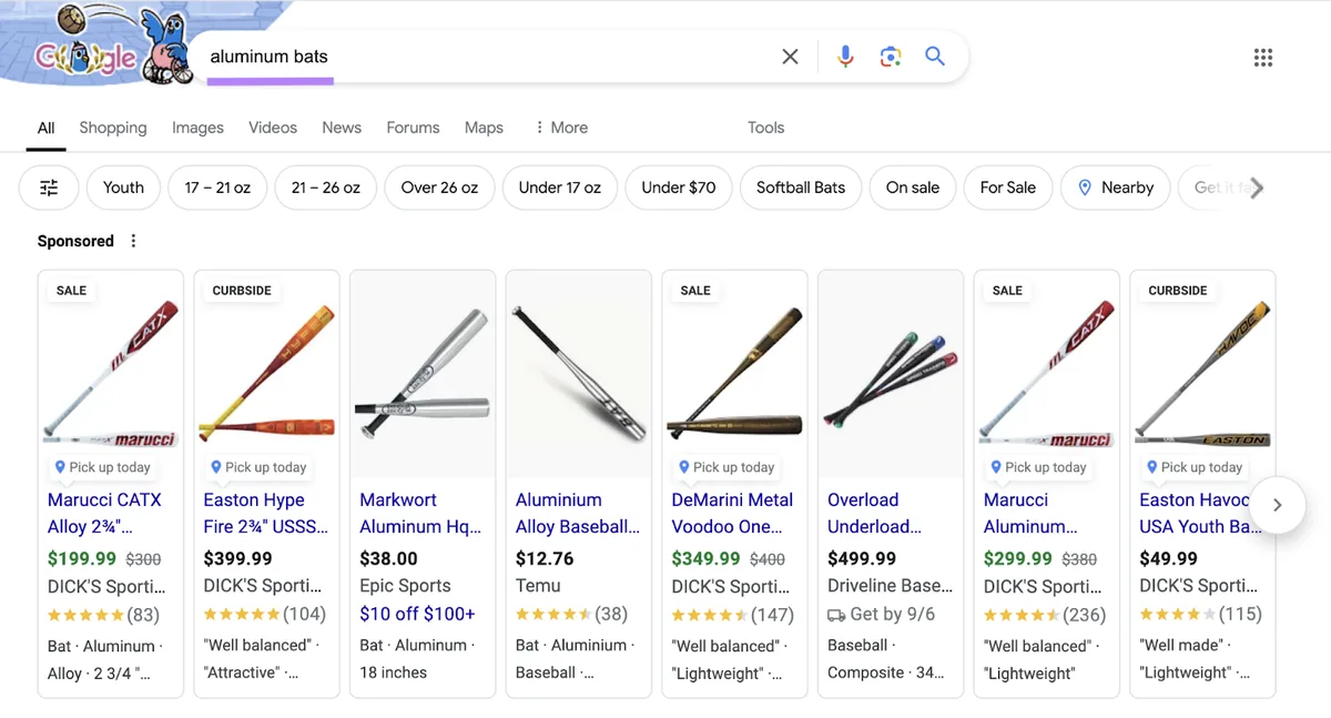 Google 搜索结果页面中面向“aluminum bats”查询的 NLP 示例,显示棒球棒的产品广告