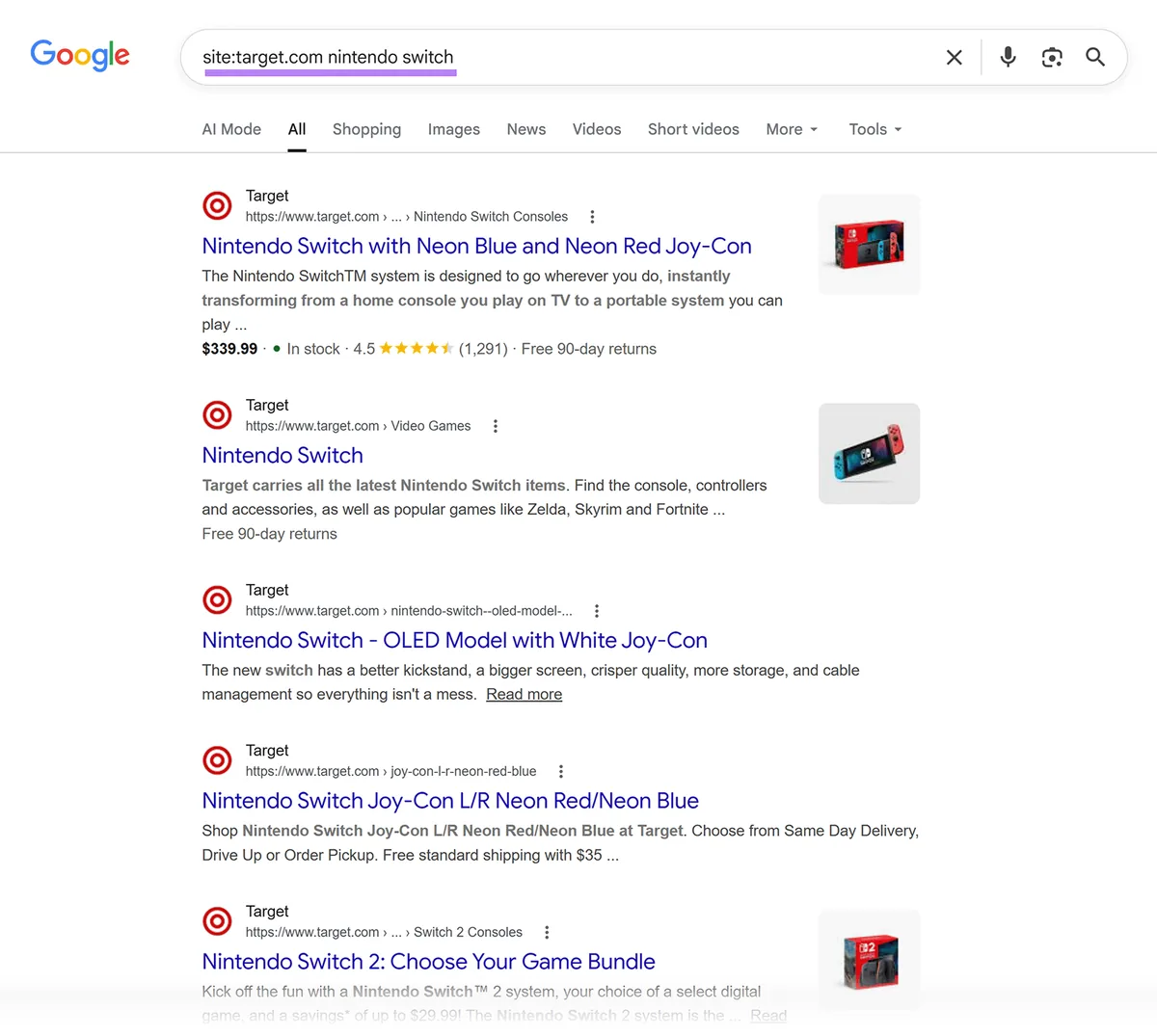 某站点搜索的 Google 搜索结果,显示多个 Target 页面在“nintendo switch”下排名
