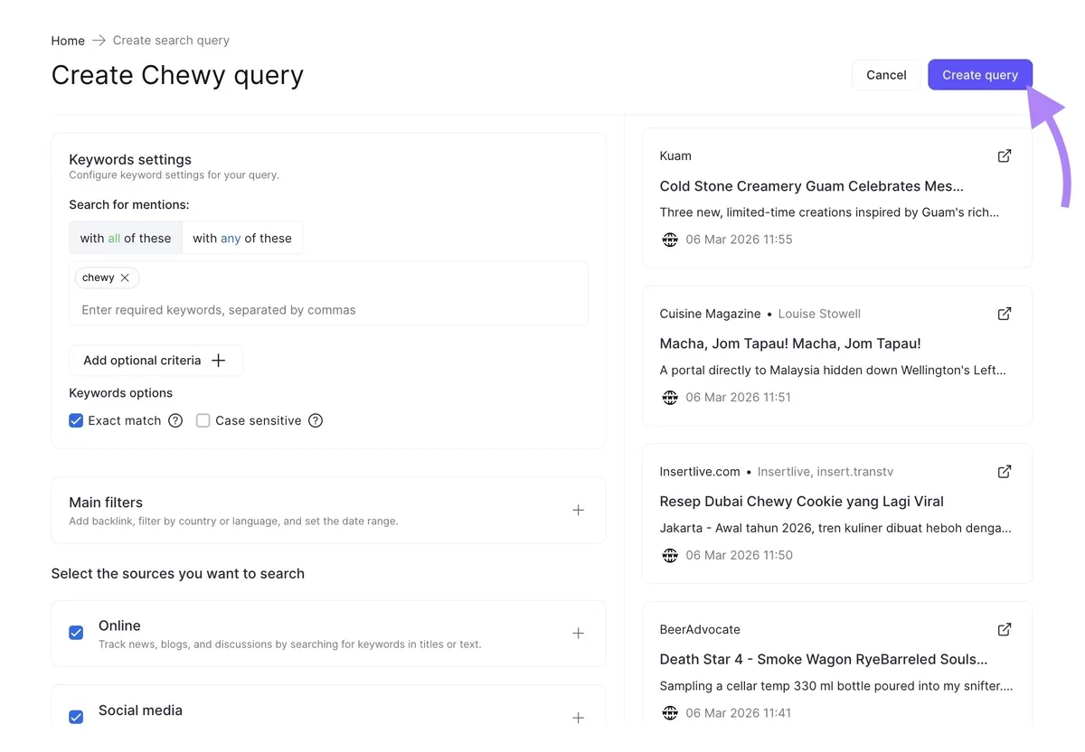 Brand Monitoring 工具中的关键词设置、关键词选项和来源，还有已点击的“Create query”按钮。
