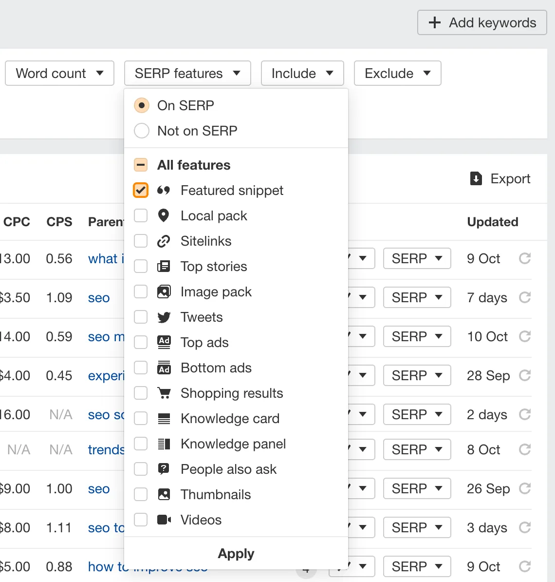 Ahrefs 中的 “Featured snippet(精选摘要)” 筛选器