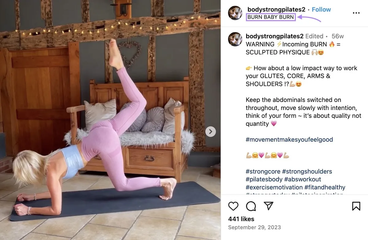 Fiona Whelan 的 Instagram 帖子,使用“BURN BABY BURN”作为位置标签以强调锻炼的强度。