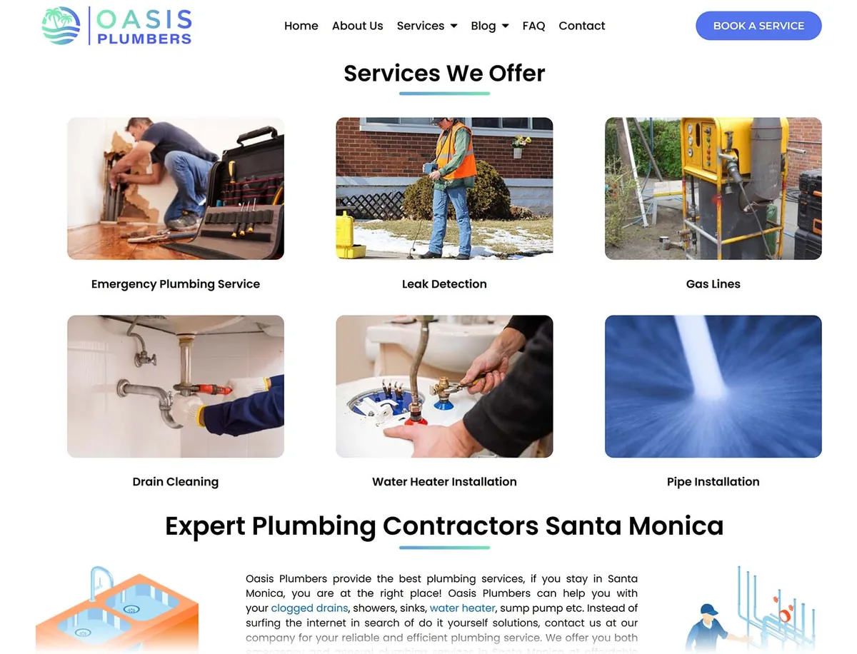 Oasis Plumbers 网站展示所提供的不同管道服务及配图,包括紧急管道服务和漏水检测