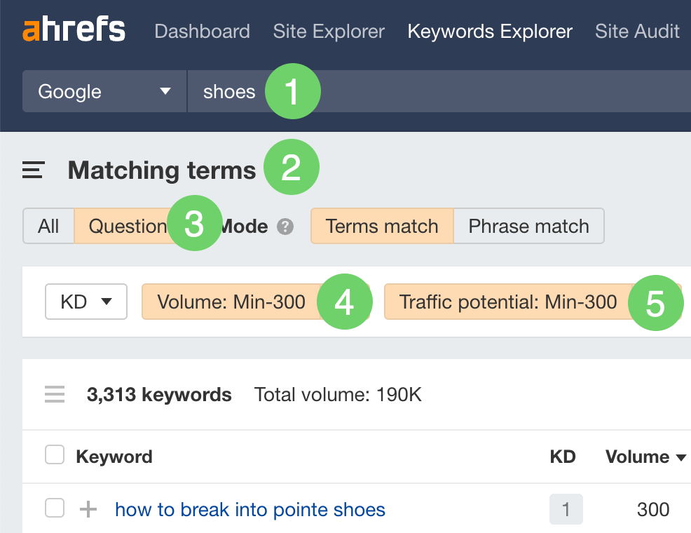 在 Ahrefs 的 Keywords Explorer 中筛选与鞋子相关的长尾关键词