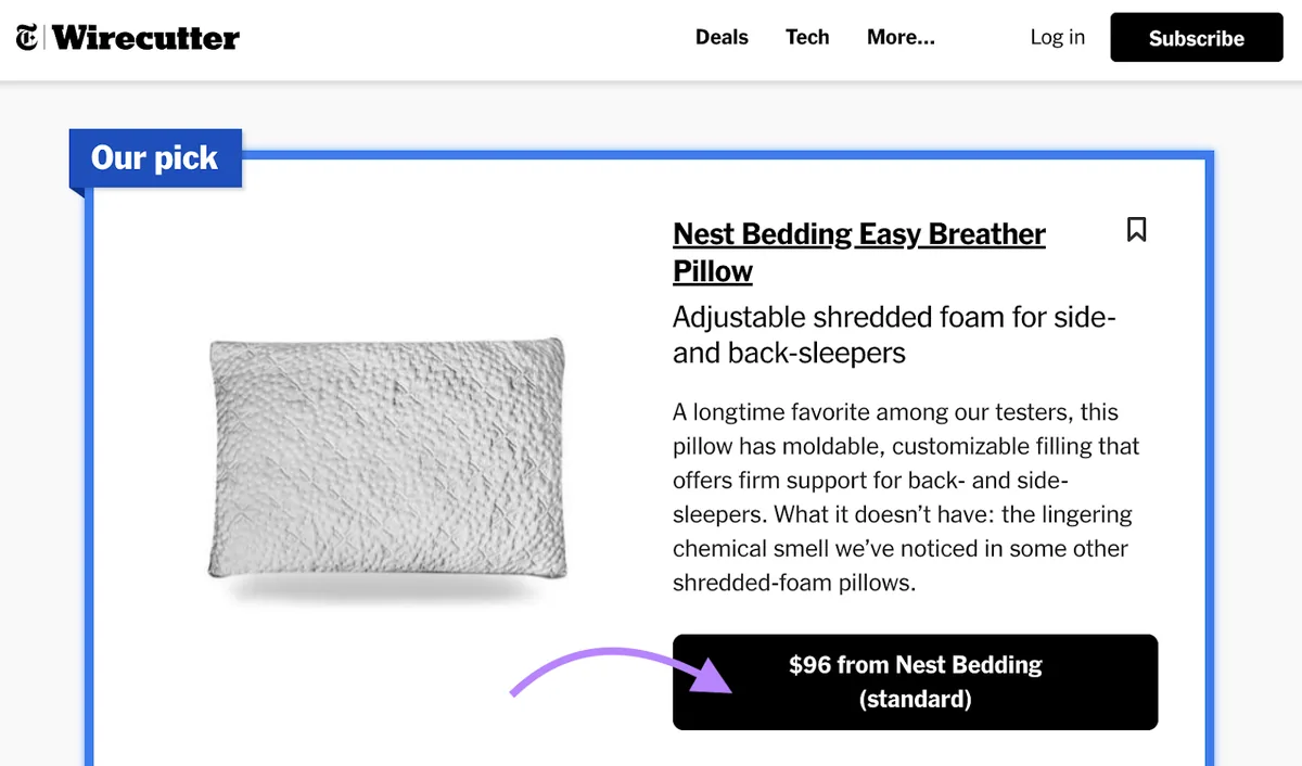《纽约时报》(NYT) 文章中指向 Nest Bedding 的联盟链接