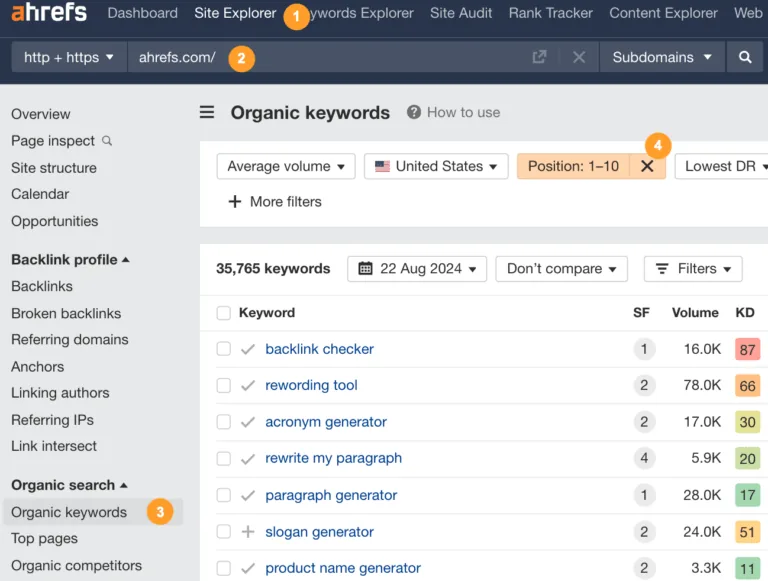 使用 Ahrefs 的 Site Explorer 查找排名前 10 关键词的流程。