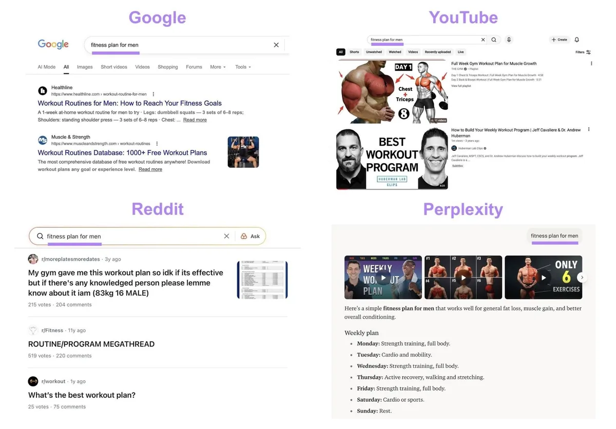 在 Google、YouTube、Reddit 和 Perplexity 上词条“fitness plan for men”的搜索结果。