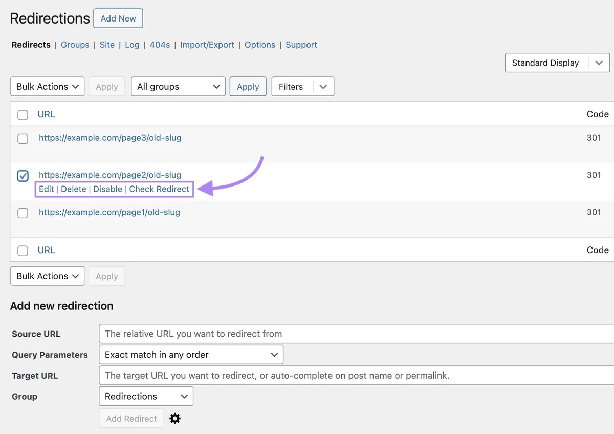 WordPress 上的“Redirection”插件仪表盘，含编辑、删除或禁用导致重定向循环规则的选项。