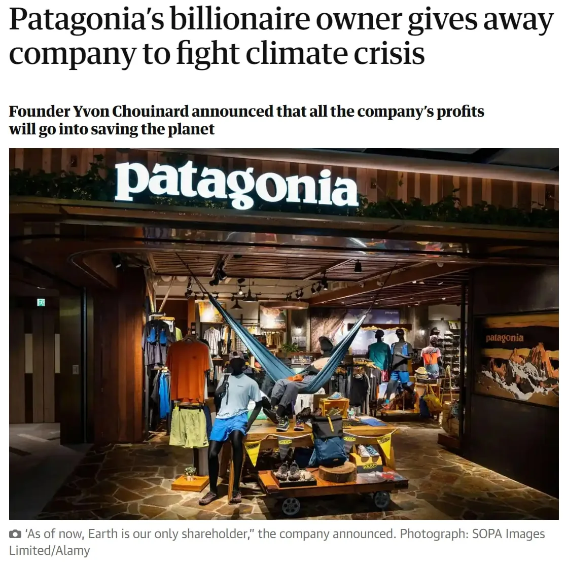 The Guardian 的文章“Patagonia’s billionaire owner gives away company to fight climate crisis”