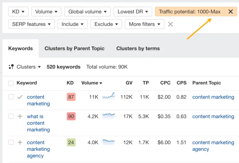 在 Keywords Explorer 中设置流量潜力筛选条件。