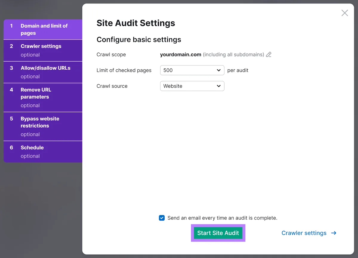 Site Audit 设置窗口,高亮“Start Site Audit”按钮
