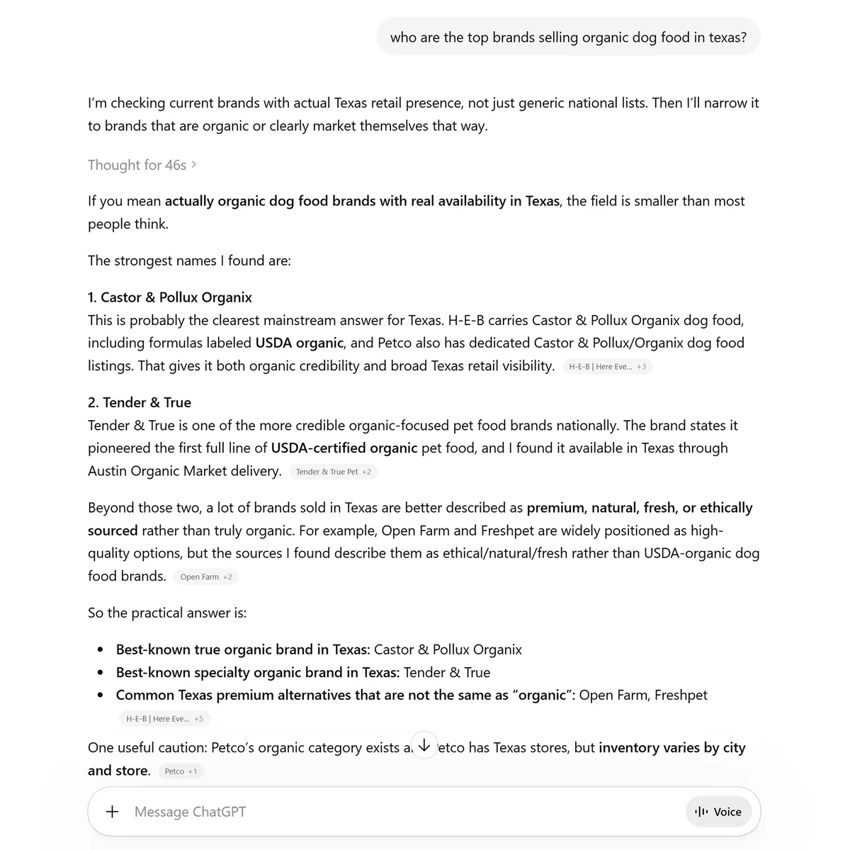 ChatGPT 回答列出得克萨斯州可购买的有机狗粮品牌,并附说明和示例