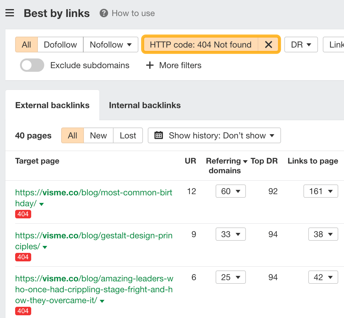 如何通过 Ahrefs 的 Site Explorer 使用“按链接数排序”(Best by links)报告查找失效页面