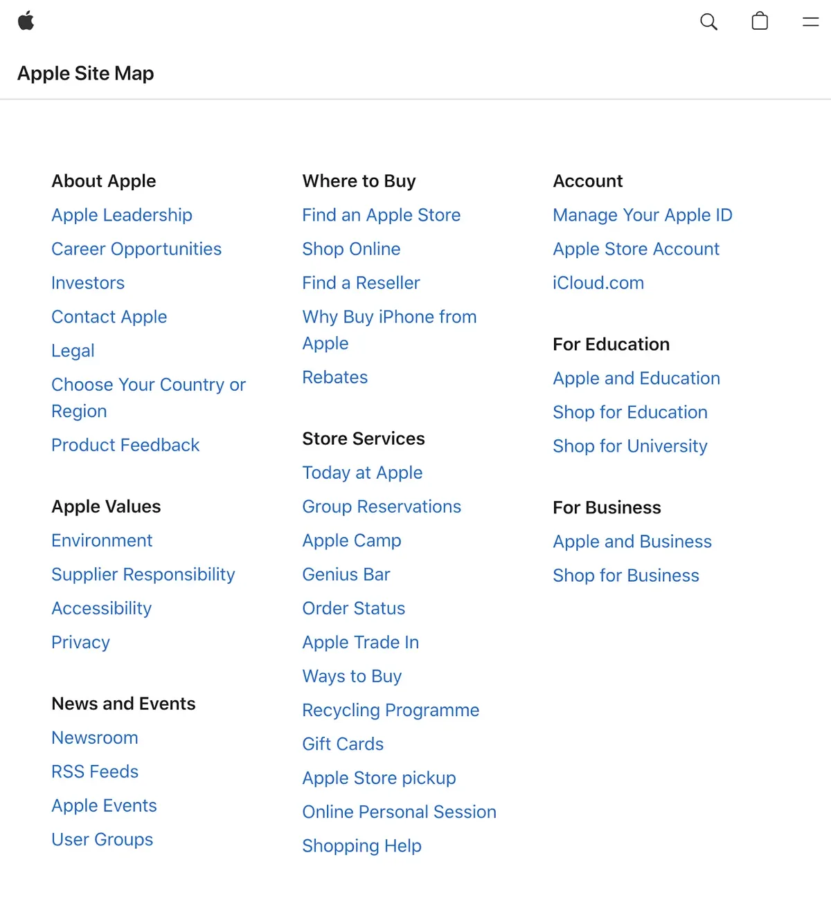 Apple 的 HTML 站点地图,按产品线和支持内容对链接分组。