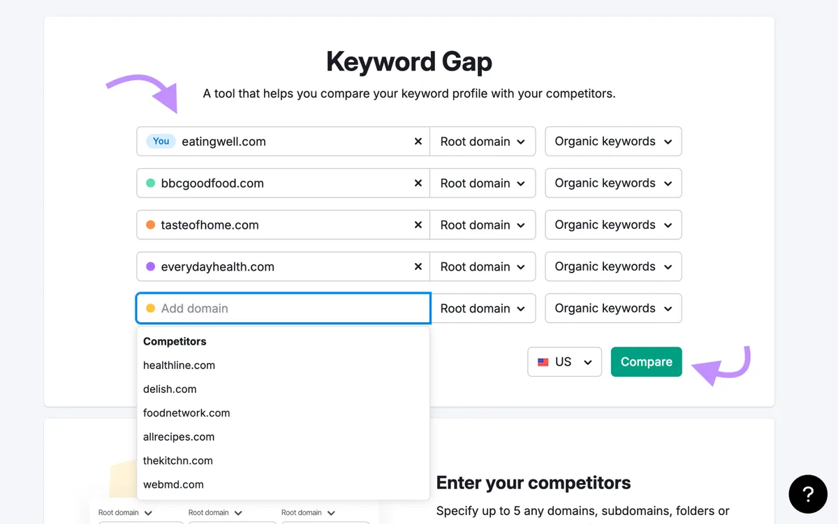 Keyword Gap 起始页面