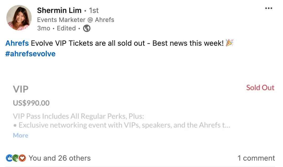 Shermin 分享 Evolve VIP 门票已售罄