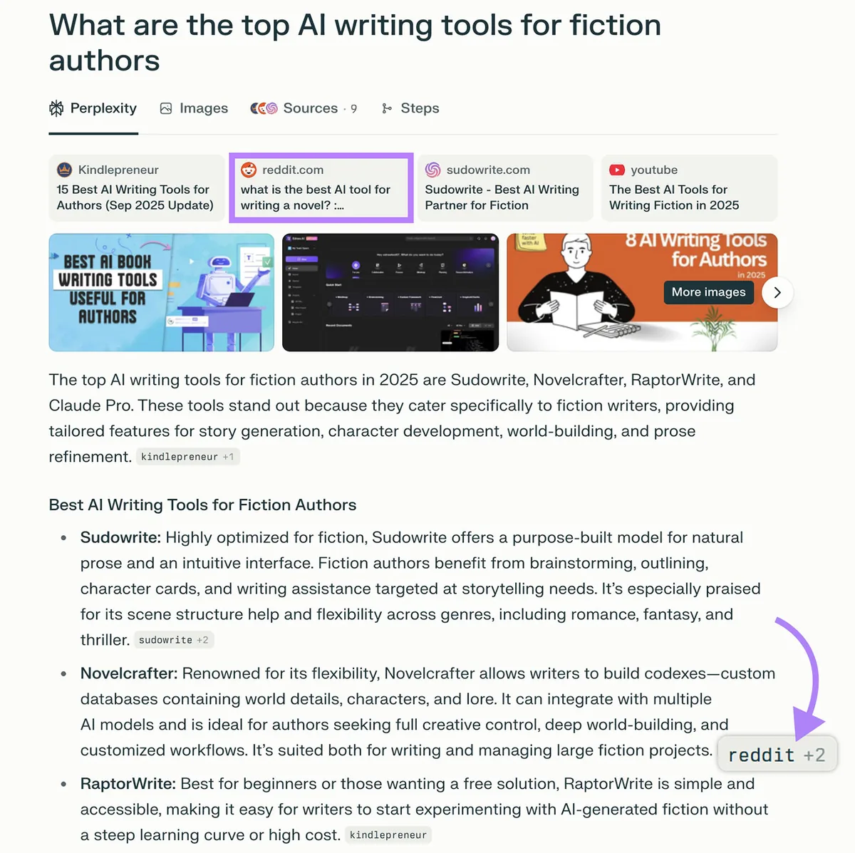 Perplexity 搜索结果引用 Reddit 作为 AI 写作工具的来源。
