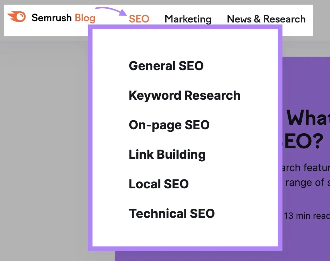 Semrush 博客上的分类和子分类,已点击“SEO”,显示关键词研究、页面 SEO 等子分类