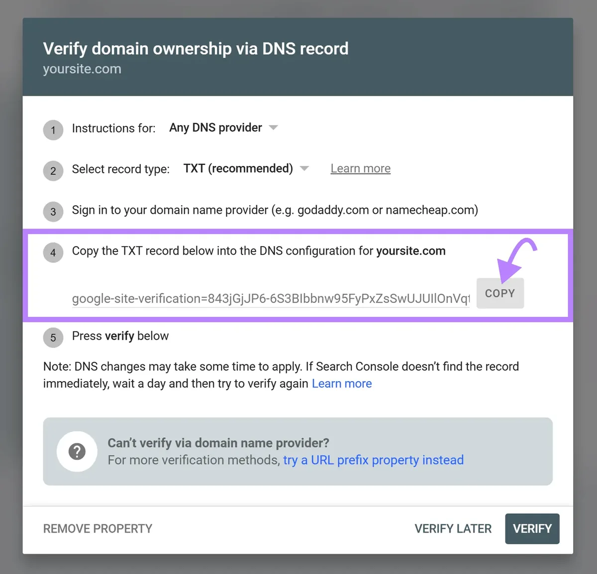 Google Search Console DNS 验证界面,高亮显示用于域名所有权验证的待复制 TXT 记录