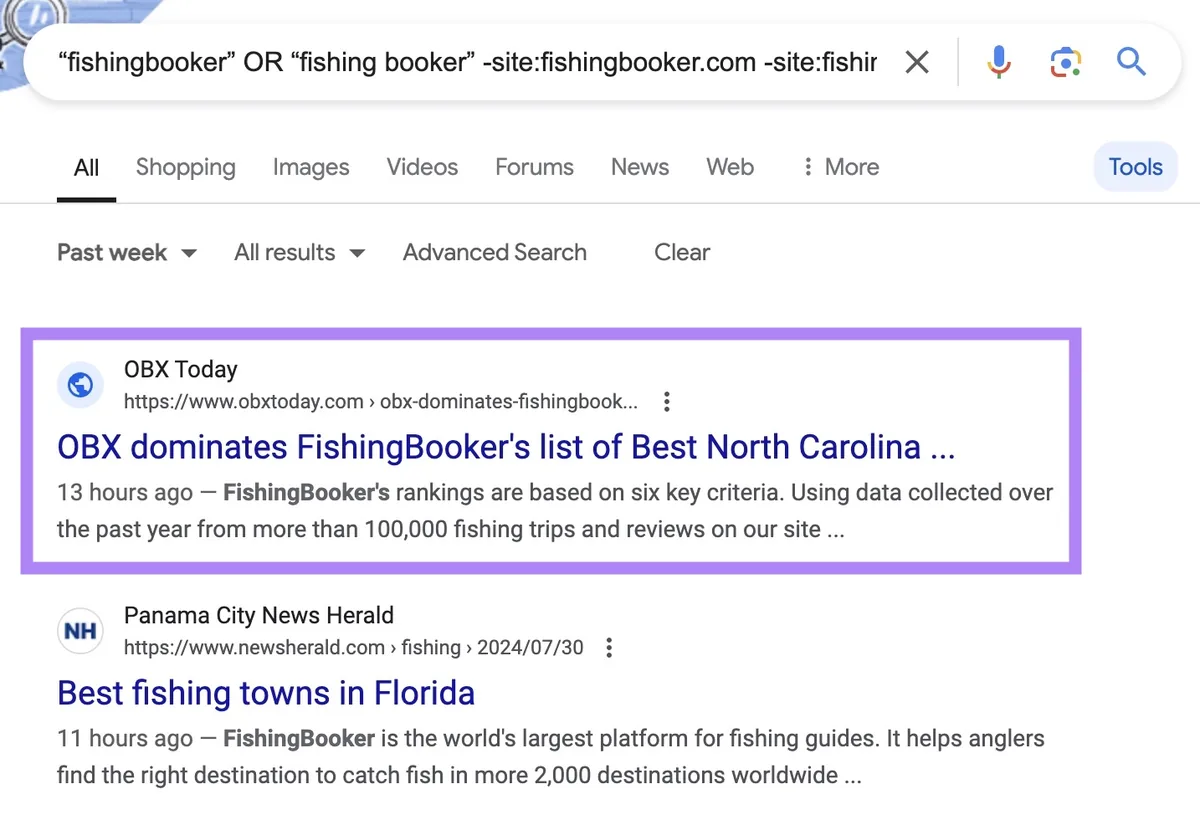 应用搜索运算符后 Google 搜索结果页面上的第一个结果高亮。