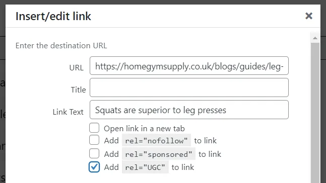 ALL in One SEO 工具的“Insert/edit link”窗口，勾选了“Add rel='UGC' to link”复选框