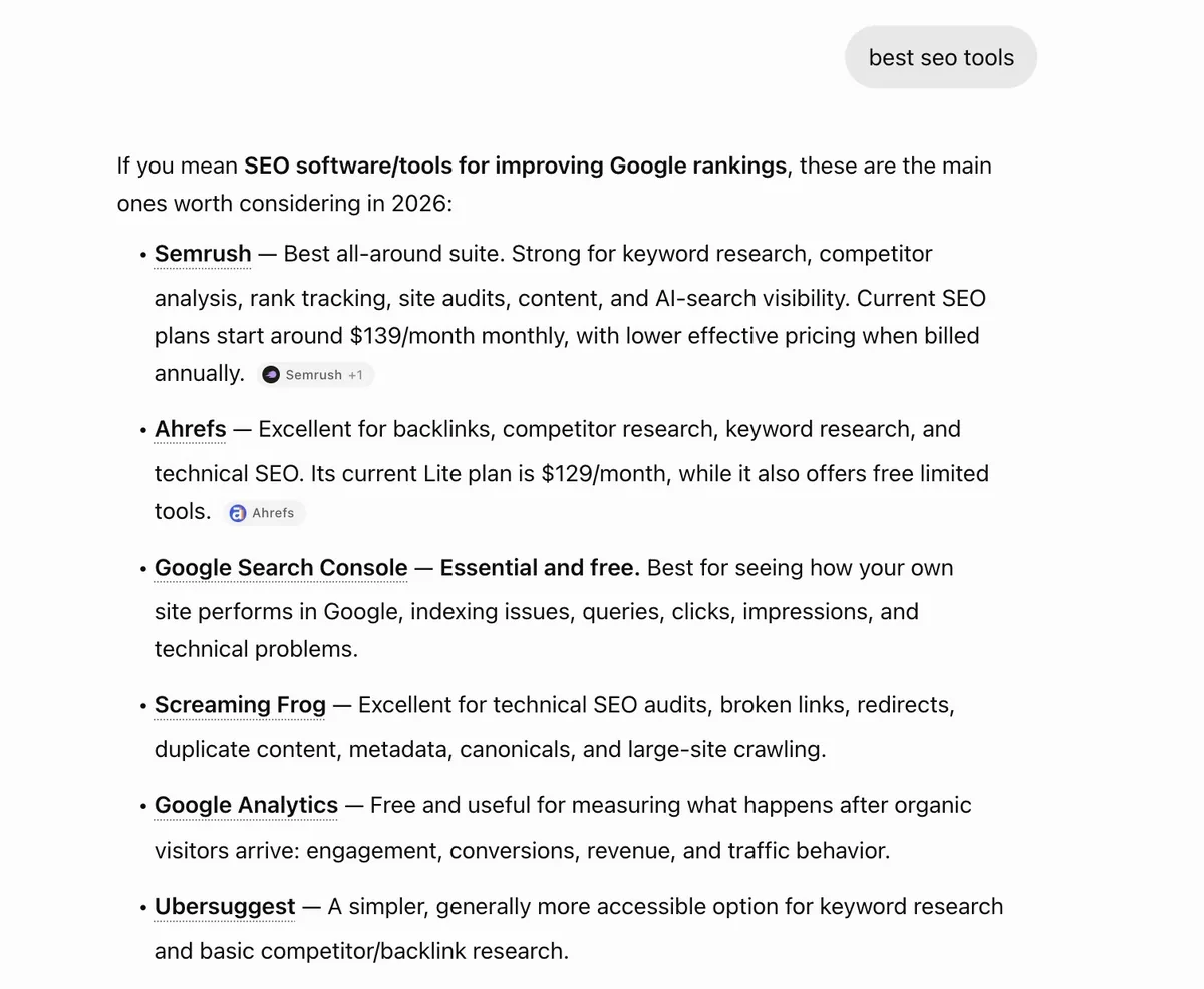 ChatGPT 对“best SEO tools”一词的回答，提及多个品牌并附各自简要说明。