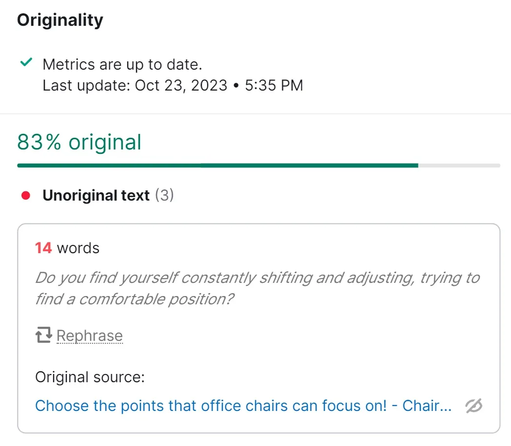 SEO Writing Assistant 工具中的“Originality”部分