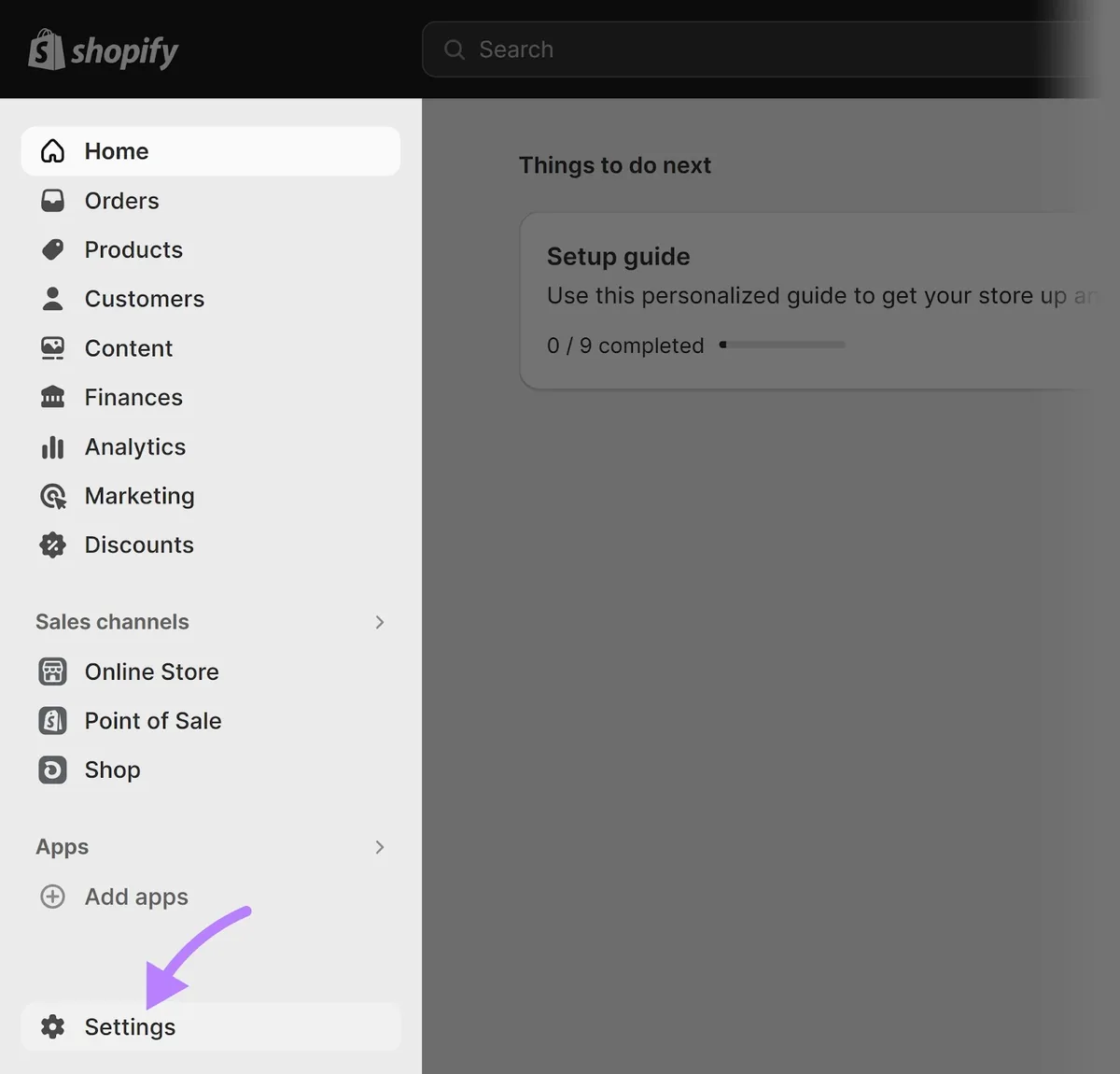 Shopify 后台,左侧菜单底部高亮 Settings 选项。