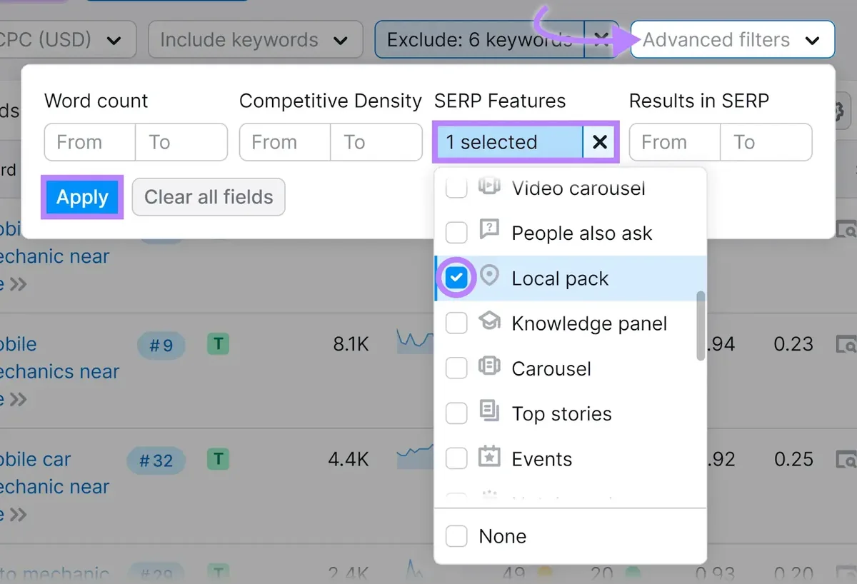 在 Keyword Magic Tool 上应用过滤器，仅显示触发本地包的关键词。