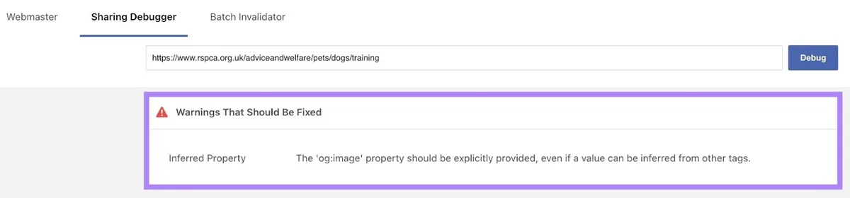 Meta 的 Sharing Debugger 工具,突出显示警告“og:image property should be explicitly provided”。