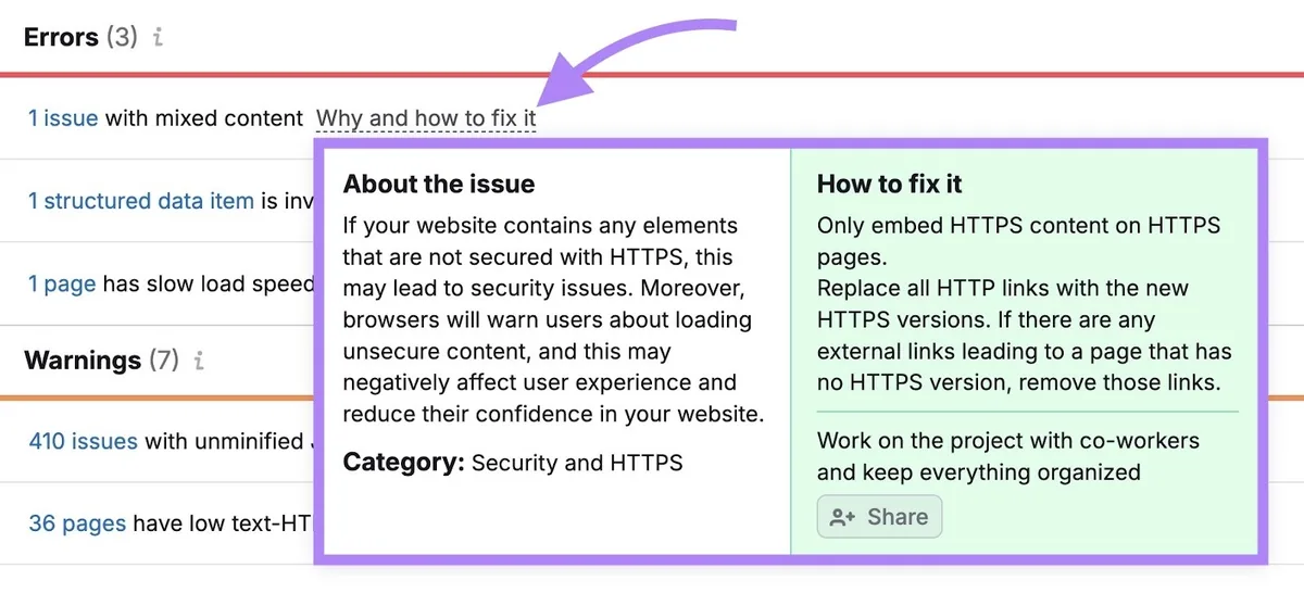 点击了某错误旁的“Why and how to fix it”,显示有关该问题的更多信息和如何修复的逐步说明。