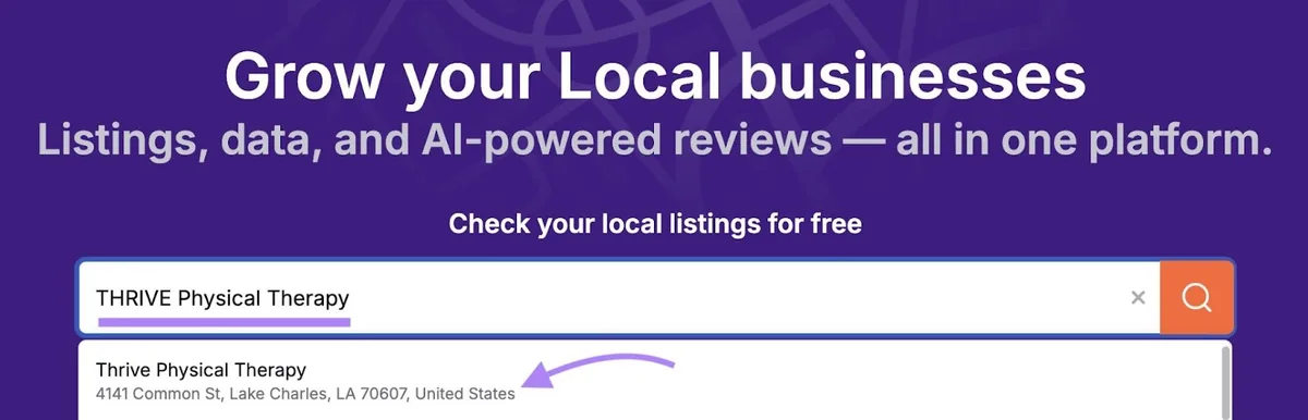 Semrush 上的 Local 仪表盘工具起始页,已输入商家名称,并在其出现在下拉列表时点击该商家信息。