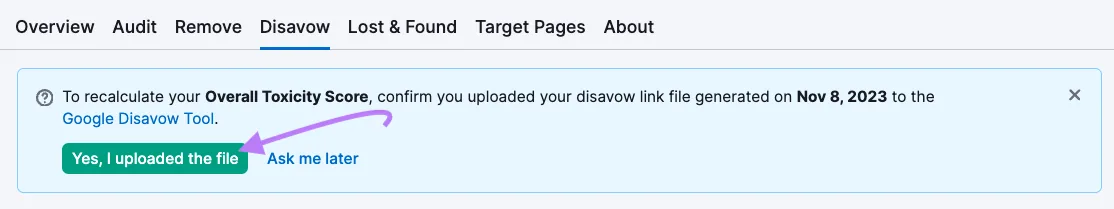 Backlinks 工具中的“Yes, I uploaded the file”绿色按钮