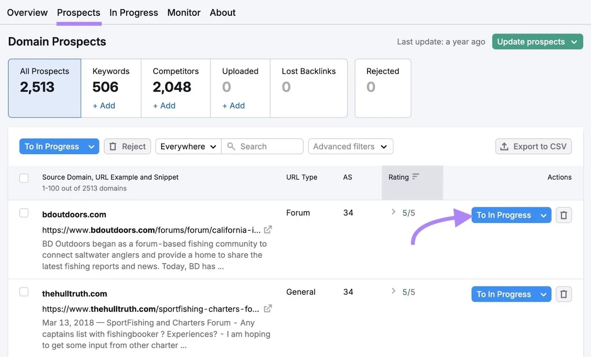Link Building 工具上的“Prospects”标签页,点击了某 URL 旁的“To In Progress”。