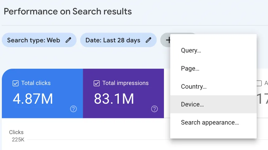 在 Google Search Console 的“效果”报告中按设备筛选