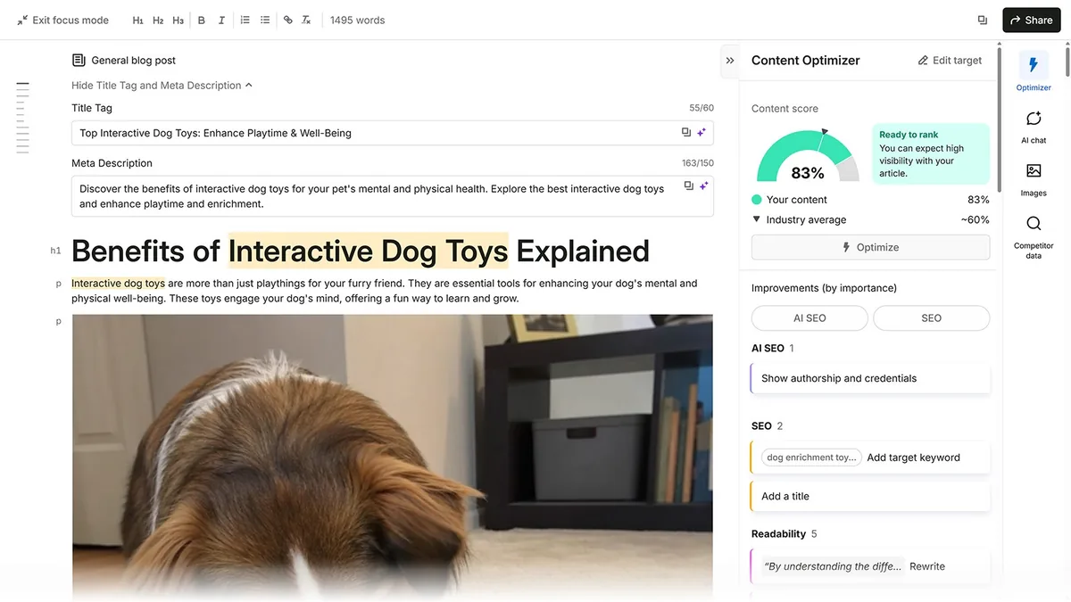 Semrush Content Optimizer 显示一篇互动狗玩具文章,内容得分为 83%,并给出 SEO 改进建议