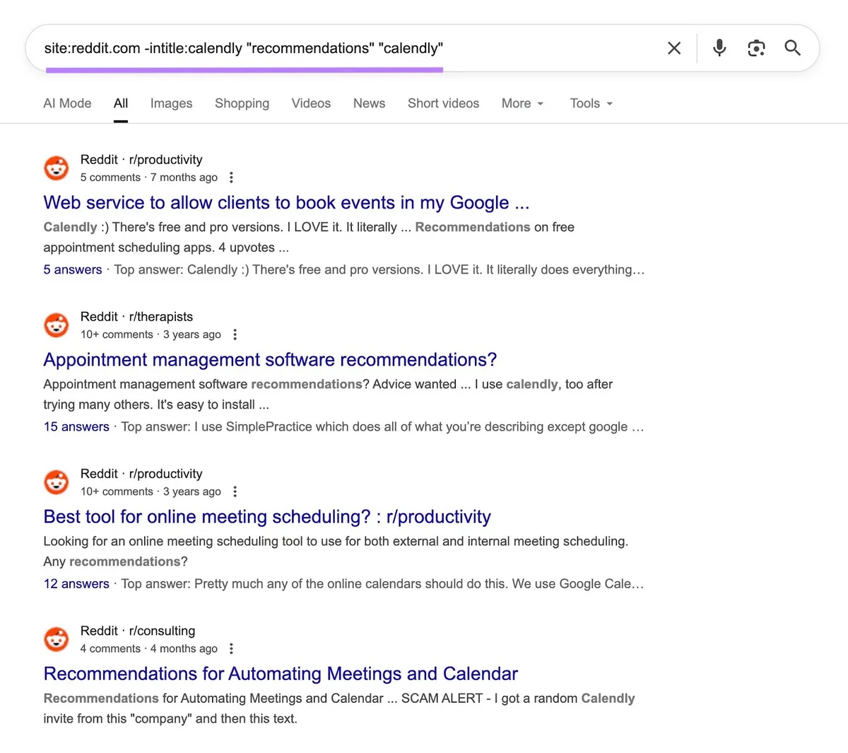 在搜索结果页面上使用 site 搜索运算符查找标题中不含某竞争对手、但正文中含该竞争对手的 Reddit 结果。