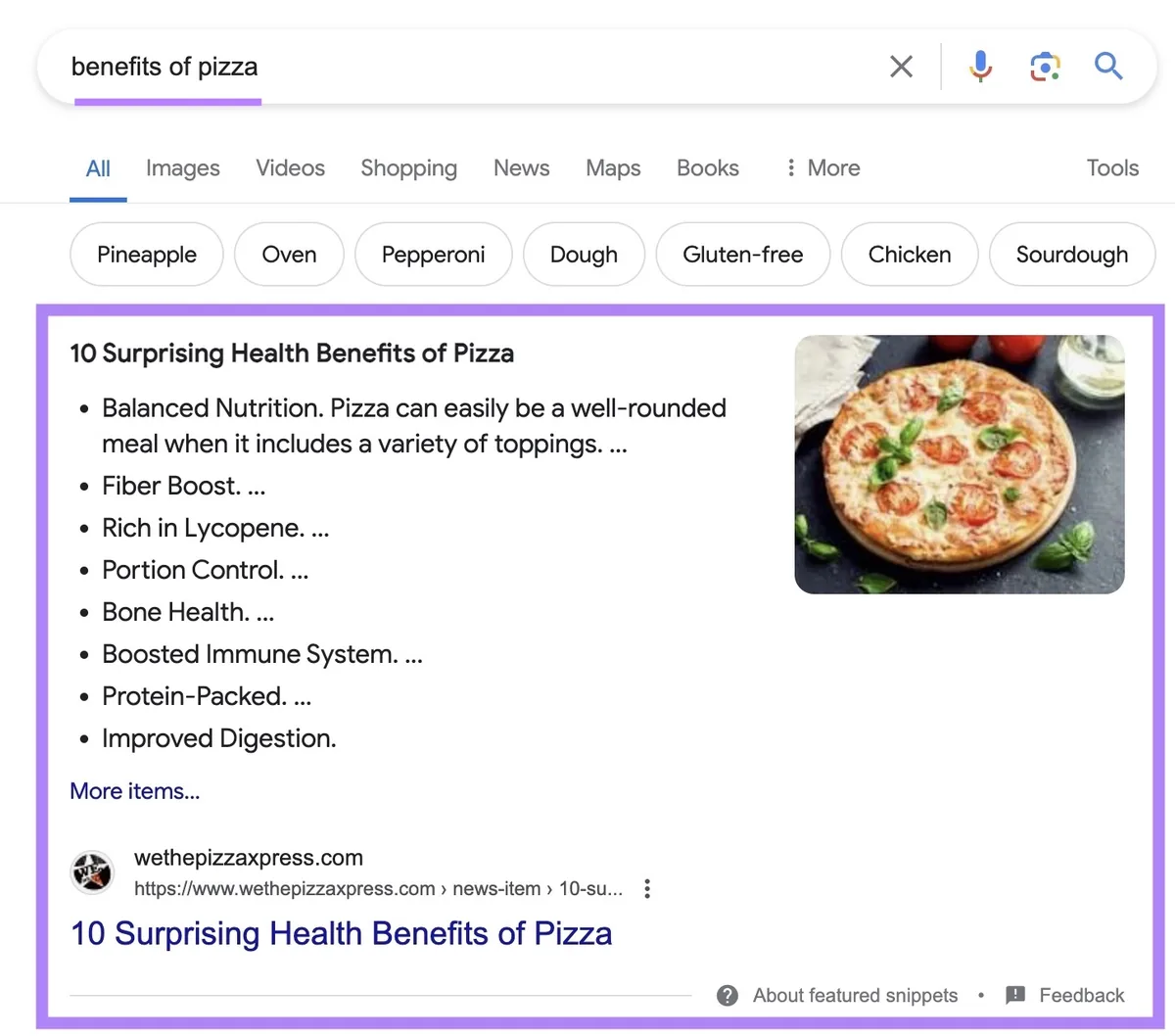 搜索结果页面上高亮显示的“benefits of pizza”一词的精选摘要