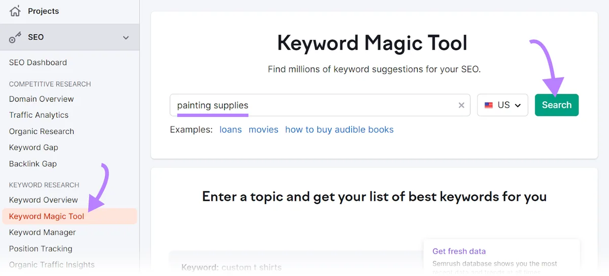 在 Keyword Magic Tool 搜索栏中输入的“painting supplies”